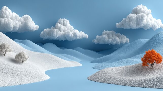 Stylized winter landscape with clouds and trees, blue and white, serene nature scene - Powered by Adobe