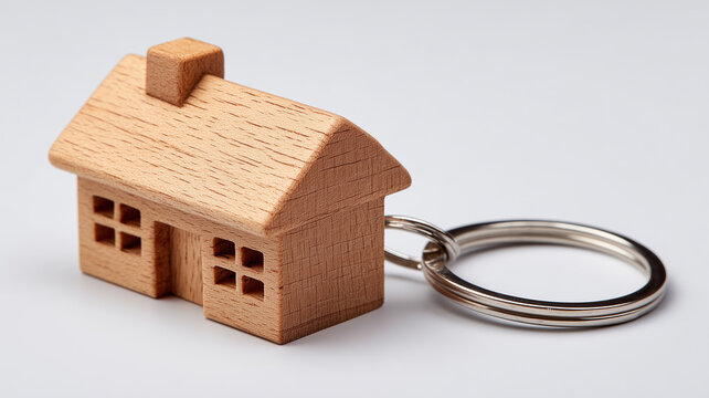 Wooden house keychain on a metal ring, representing new home ownership, property transfer, and the milestone of receiving the keys.
