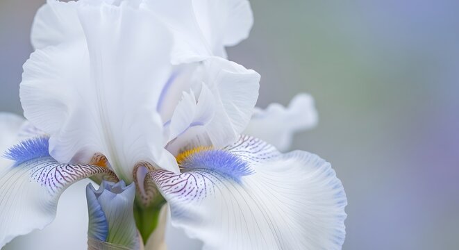 Close-up of a white iris flower with blue and purple markings on its petals, set against a soft blurred background. - Powered by Adobe