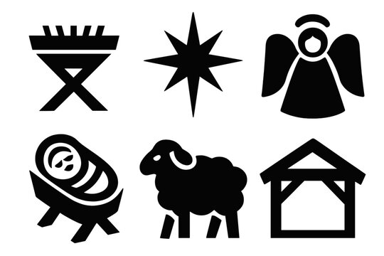 Brutalist Nativity Icons. Nativity Scene bold vector icon set: manger, star, baby in cradle, angel, sheep, stable.