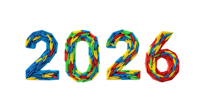 Year 2026 formed by colorful paper clips