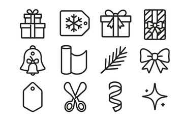 Festive Gift Wrapping Icons. Holiday gift packaging icons outline icon set: stack of presents, snowflake sticker, Christmas ribbon, candy cane stripe box, bell tag, gift wrap roll,