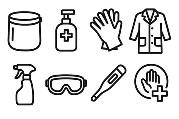 Healthcare Safety Icons. Health Protection Gear outline icon set: face shield, sanitizing gel, latex gloves, lab coat, spray bottle, protective goggles, thermometer, hygiene symbol