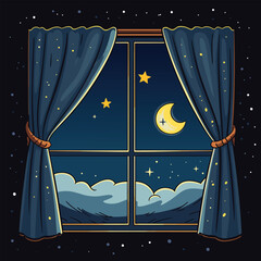 Night Sky View Through Window with Moon and Stars Cozy Cartoon Illustration