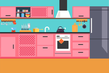 Modern Flat Vector Kitchen Interior with Pink Cabinets and Appliances EPS Illustration