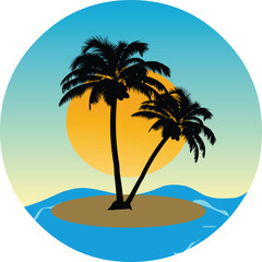 Escape to paradise with silhouetted palm trees on a tropical island at sunset, inviting relaxation and warm vacation vibes.