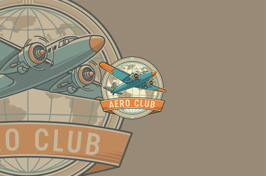 Vintage Aero Club Emblem with Biplane and Globe - Powered by Adobe
