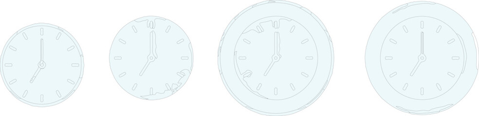 The image features four clocks, each indicating a time close to 7 o'clock. The clocks are illustrated with fine lines, creating a minimalist and outlined aesthetic.