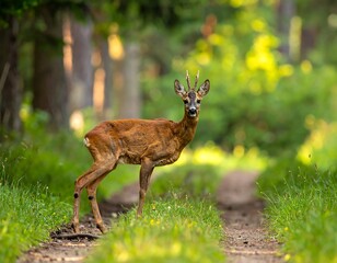 A young deer with small antlers stands on a forest path, alert