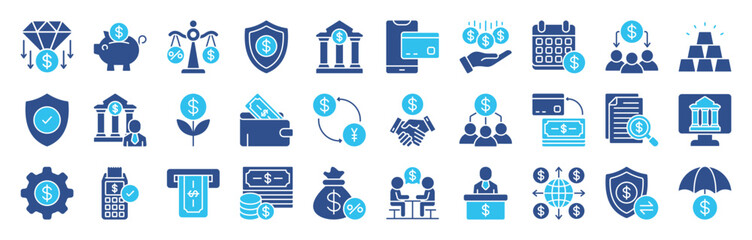 Bank editable color icon set collection. Mortgage, investment, wallet, online banking, ATM, savings, banger and more. Vector eps 10