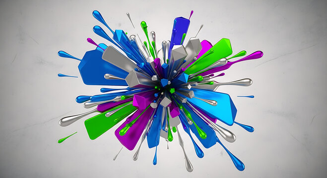 A vibrant, central explosion of 3D geometric fragments and metallic liquid droplets in bright blue, magenta, silver, and green, bursting outwards against a distressed white/gray background