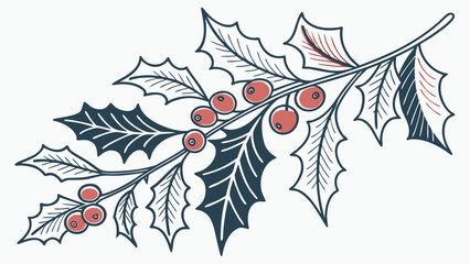 Illustration of a holly branch with green leaves and red berries in a decorative style design look