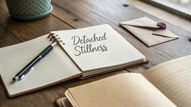 Calm Workspace with Open Notebook, Pen, Envelope, and Inspirational Quote for Creative and Reflective Moments