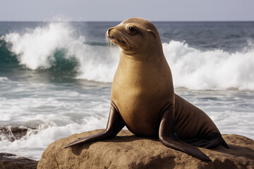 Curious Sea Lion Resting on Coastal Rock by Ocean Waves