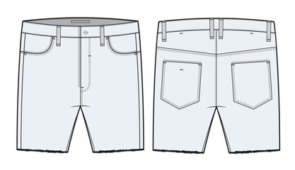 Men short jeans pant design technical flat sketch vector mockup template.