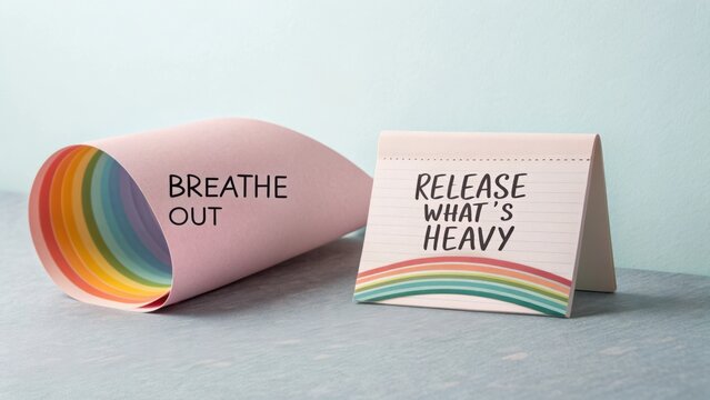 Colorful Mindfulness Cards Featuring Messages of Breathe Out and Release What’s Heavy on a Soft Background