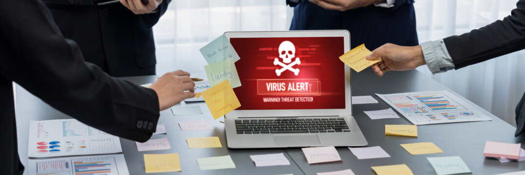 Virus warning alert on computer screen detected brisk cyber threat , hacker, computer virus and malware - Powered by Adobe