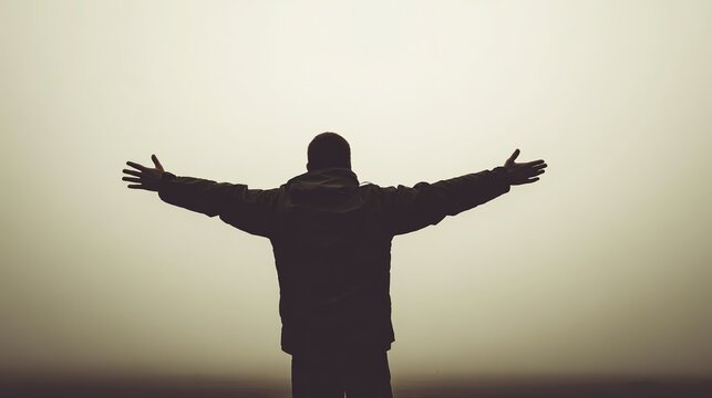 Minimalist human silhouette outstretched against misty background - Powered by Adobe