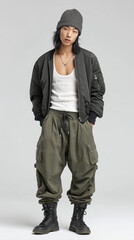Korean Man in Bomber Jacket, Beanie, and Olive Green Cargo Pants Street Style