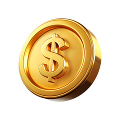 Shiny gold dollar coin 3d render with transparent background for financial concepts transparent background