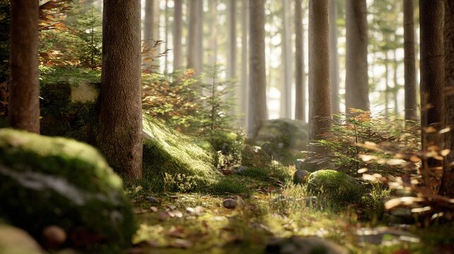 Sunlight filtering through camphor tree forest with visible volumetric rays and dappled highlights