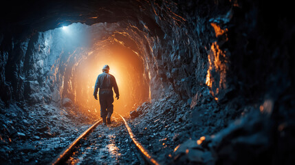 Fototapeta premium Miner Walking Through Dark Tunnel with Bright Light at End, Mining Industry Exploration Scene