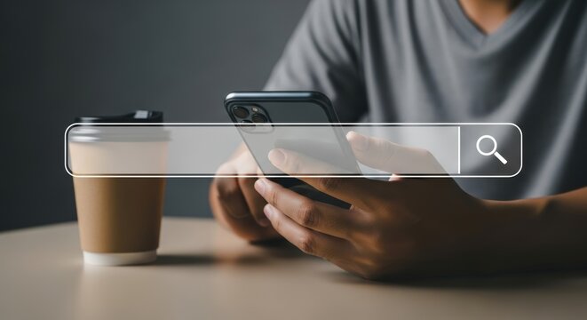 Man Using Mobile Phone with Search Bar Overlay and Coffee - Powered by Adobe