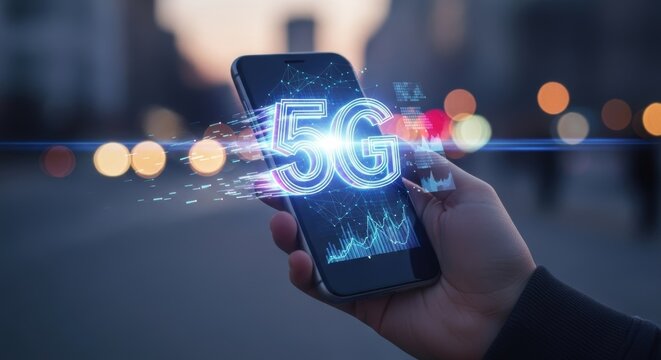 Hand Holding Smartphone Displaying 5G Network Technology