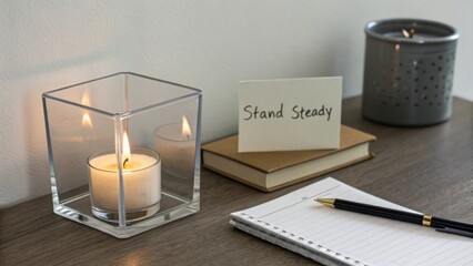 Cozy workspace with calming candle, notebook, pen, and motivational sign for productivity and inspiration in a serene setting