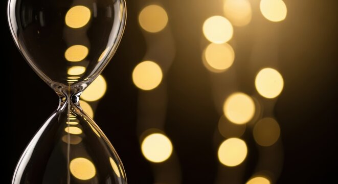 Hourglass on black background with golden bokeh lights, symbolizing time and deadlines