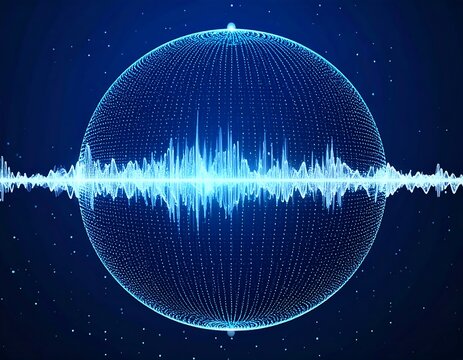 Abstract blue sphere with waveform data, representing audio visualization - Powered by Adobe