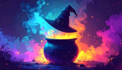 A floating witch's hat above a bubbling cauldron surrounded by vibrant smoke