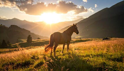 A golden horse stands majestically amidst a mountain sunset
