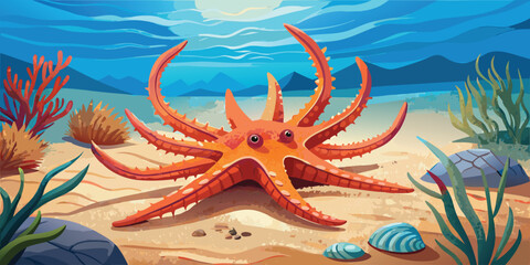 Cartoon illustration of a brittle sea star in a sandy seabed with seaweed and shells
