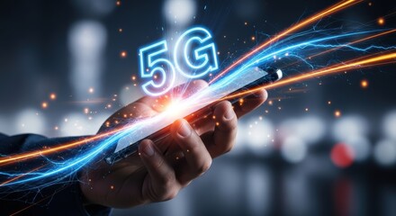 Modern 5G Technology Concept: Hand Holding Smartphone with Fast Data Transfer