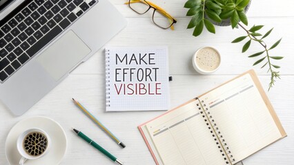 Creative workspace with motivational note, laptop, coffee, planner, and plant on white wooden table for productivity and inspiration