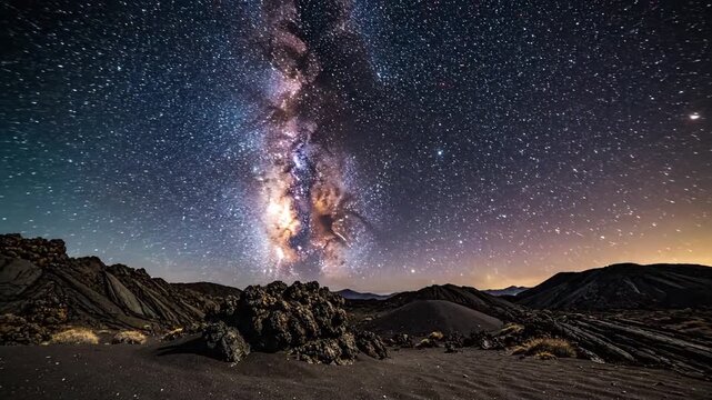 Dramatic Starry Night Sky Above Dark Volcanic Landscape In Teide National Park At Night, With Stars And Milky Way, Dark Foreground Under Nighttime Sky