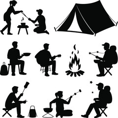 Camping activities silhouettes bundle people tent