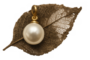 Pearl pendant on dry skeleton leaf showing nature's fragility and beauty, transparent background