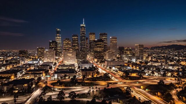 Downtown Los Angeles Skyline at Twilight with City Lights and Orange Sky with Long Exposure Traffic Creates a Dynamic and Energetic Mood on Skyline Background