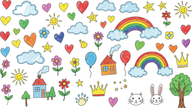 Childlike Drawing Style with Clouds, Hearts, Rainbows, Houses, Stars, and Animals - Powered by Adobe