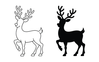 Silhouette and outline of a majestic reindeer on white background