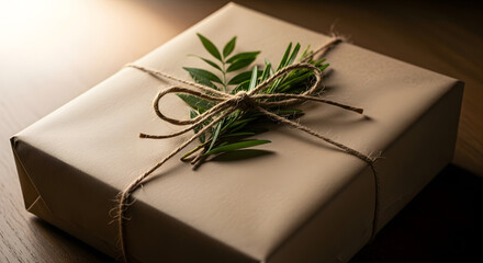 Thoughtfully crafted gift elegantly wrapped in natural gift wrapping craft paper, adorned with rustic twine and fresh green foliage, perfect for any special occasion