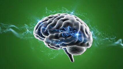 Vibrant 3D Render of Human Brain with Glowing Blue Neural Activity on Green Background, Symbolizing Intelligence, Thought, and Cognitive Function - Powered by Adobe