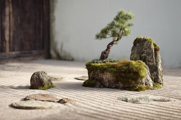 Zen garden closeup with bonsai tree, moss, stones, and raked sand. Serene Japanese Karesansui landscape for meditation, mindfulness, and harmony. 3D render illustration.