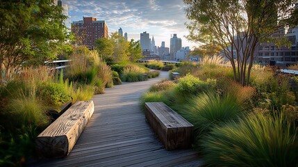 Green pathway in an elevated urban park with wooden benches and lush plants, against a blurred city skyline background. Nature oasis in the city with sustainable landscape design.