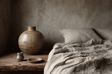 Wabi-sabi style bedroom interior with natural linen bedding and rustic pottery. Minimalist, calm aesthetic with earth tones and textured plaster wall.