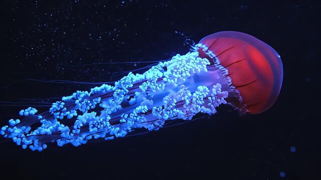 A captivating bioluminescent jellyfish with a radiant red bell and ethereal blue tentacles illuminates the deep, dark ocean water