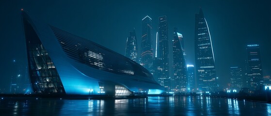 Futuristic city skyline at night, modern architecture with reflections in the water. Blue illuminated tones and digital concept art, ideal for technology backgrounds, business themes, science fiction 