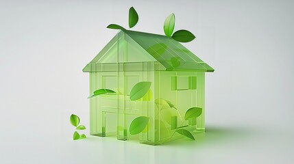 Green transparent house model with growing leaves, 3D render illustration. Symbol of ecology, sustainability, eco-friendly home, and green energy. Isolated background for real estate, architecture, an